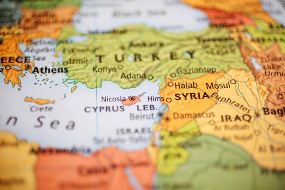 Map featuring Middle Eastern countries with focus on Syria. Turkey, Iraq also in view. Mediterranean Sea to left.