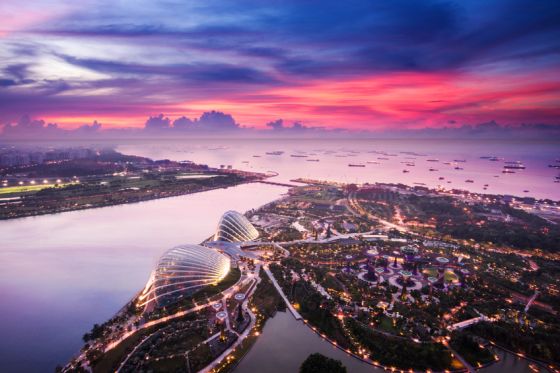 aerial view of Singapore with sunset